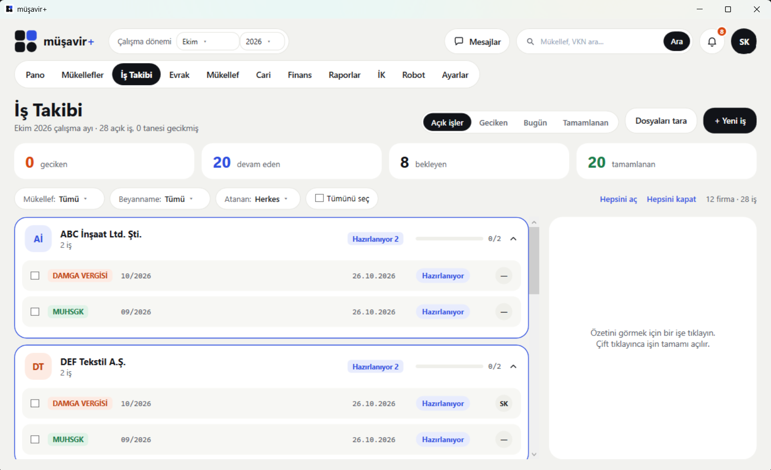 Real screenshot — task tracking: each client's periodic work and its status